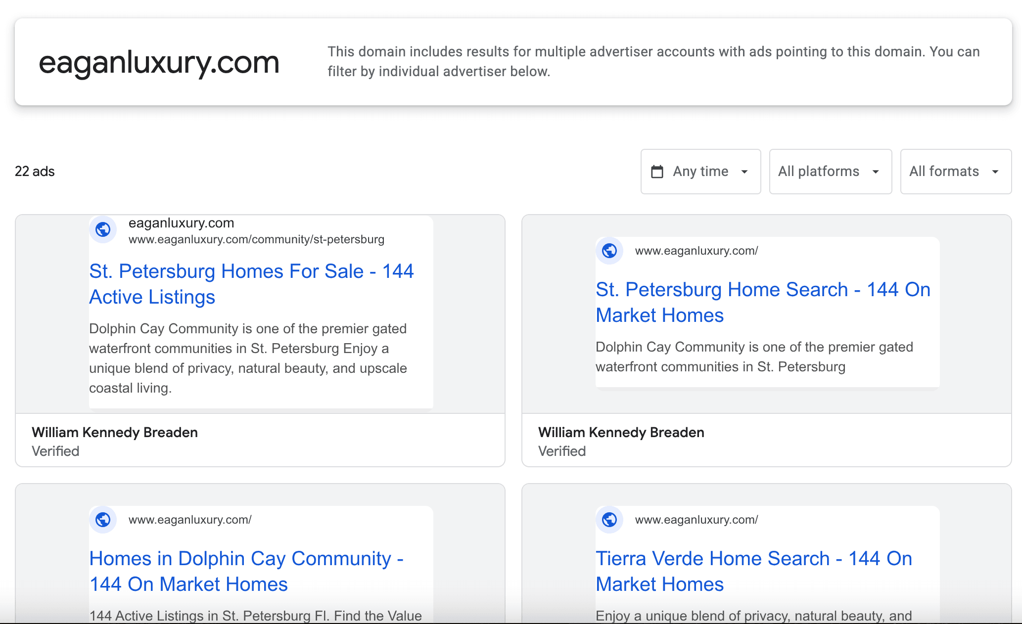 Paid search campaign performance for Eagan Luxury Real Estate