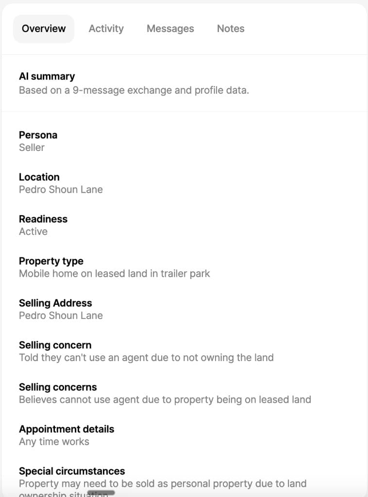 AI lead nurture CRM overview for a Vignette Realty seller lead with persona, location, and qualification data