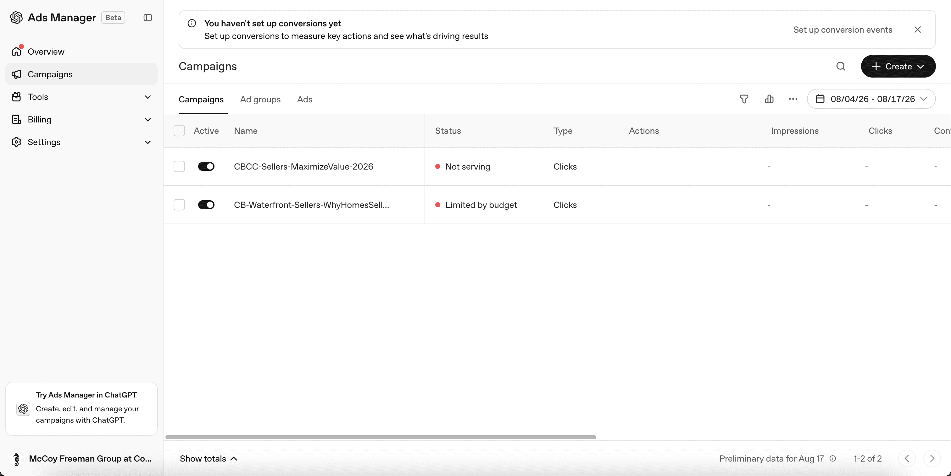 ChatGPT Ads Manager showing live real estate campaigns in a DMR-managed account