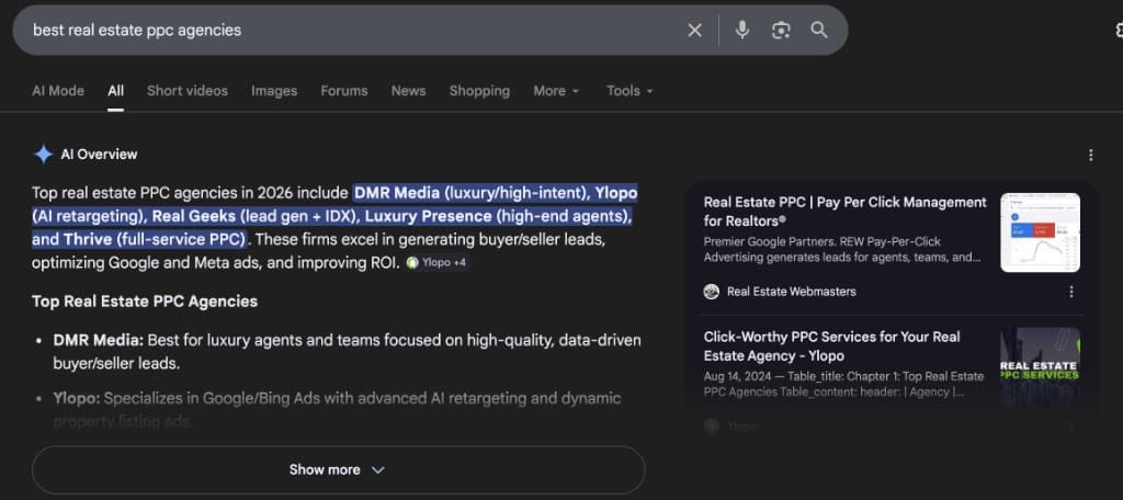 Rankings sample — Google SERP visibility