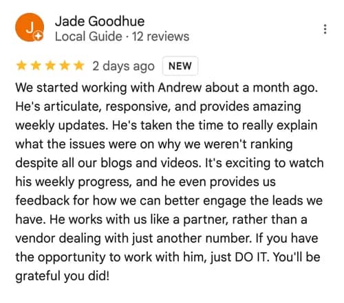 Jade's Google review testimonial
