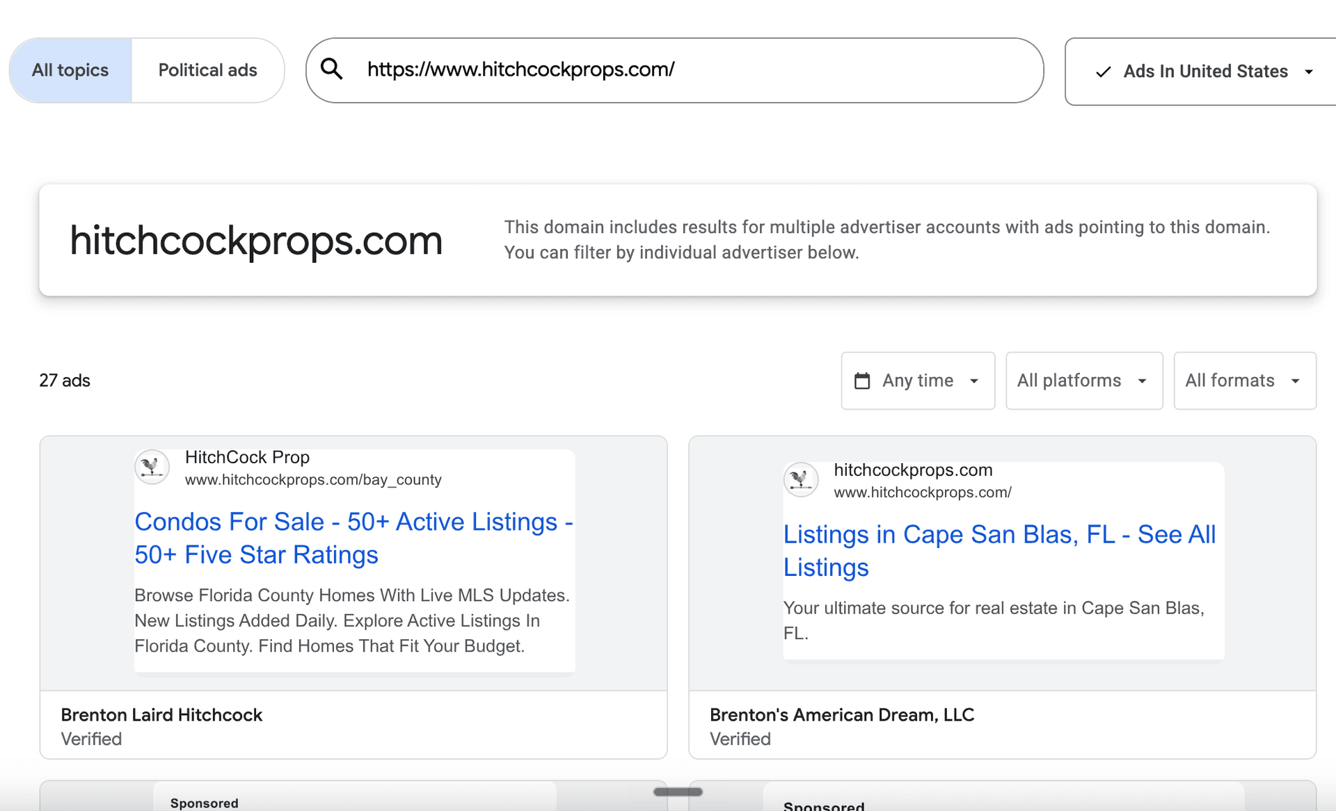 Google Ads Transparency Center for hitchcockprops.com showing active search ads