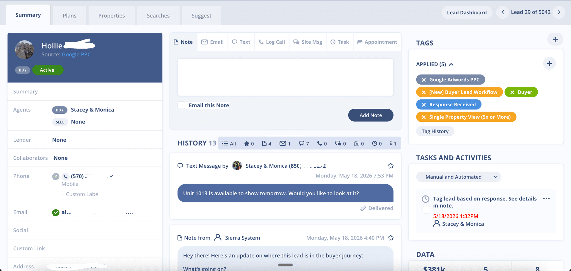 Sierra CRM lead from Google PPC with buyer tags and active follow-up for Hitchcock Properties