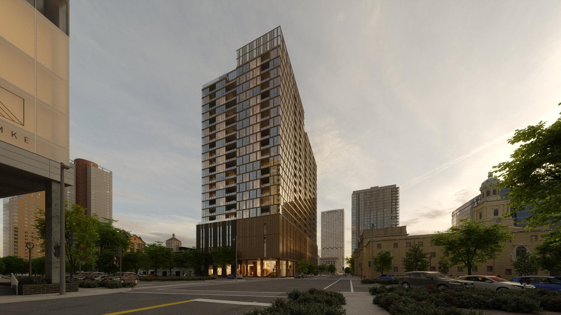 The Zenith tower development in Milwaukee at dusk