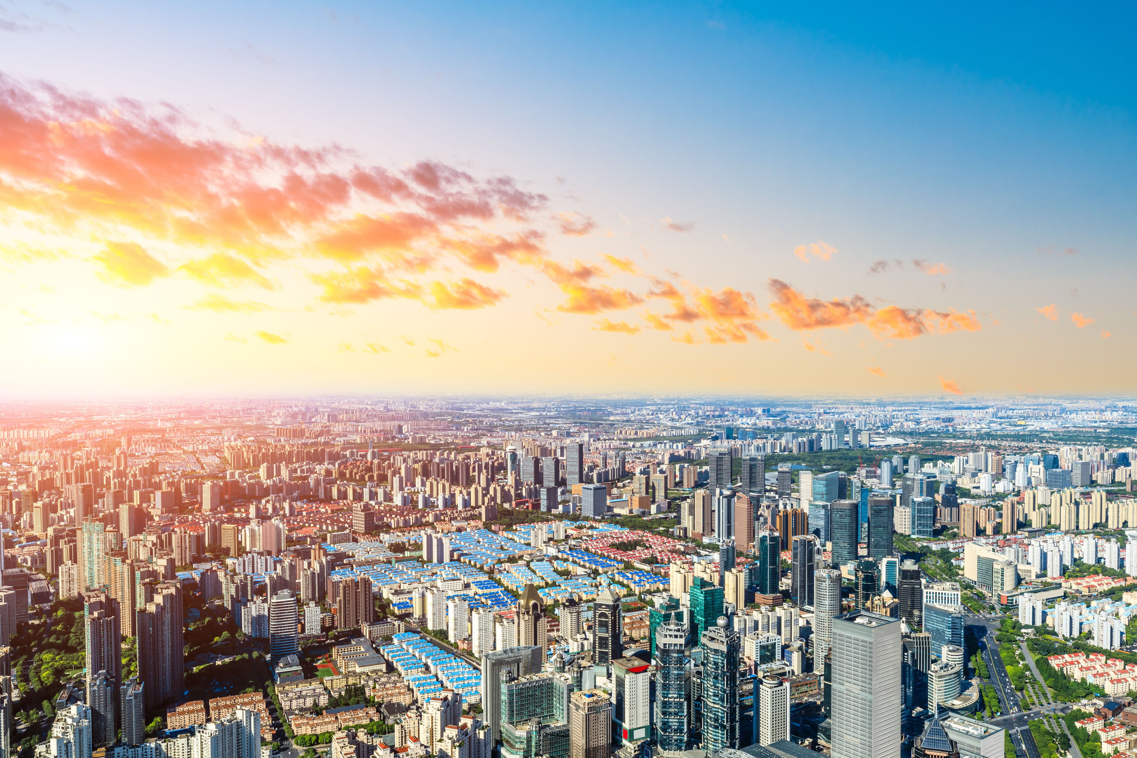 Aerial View Of Shanghai Skyline At Sunset,China.