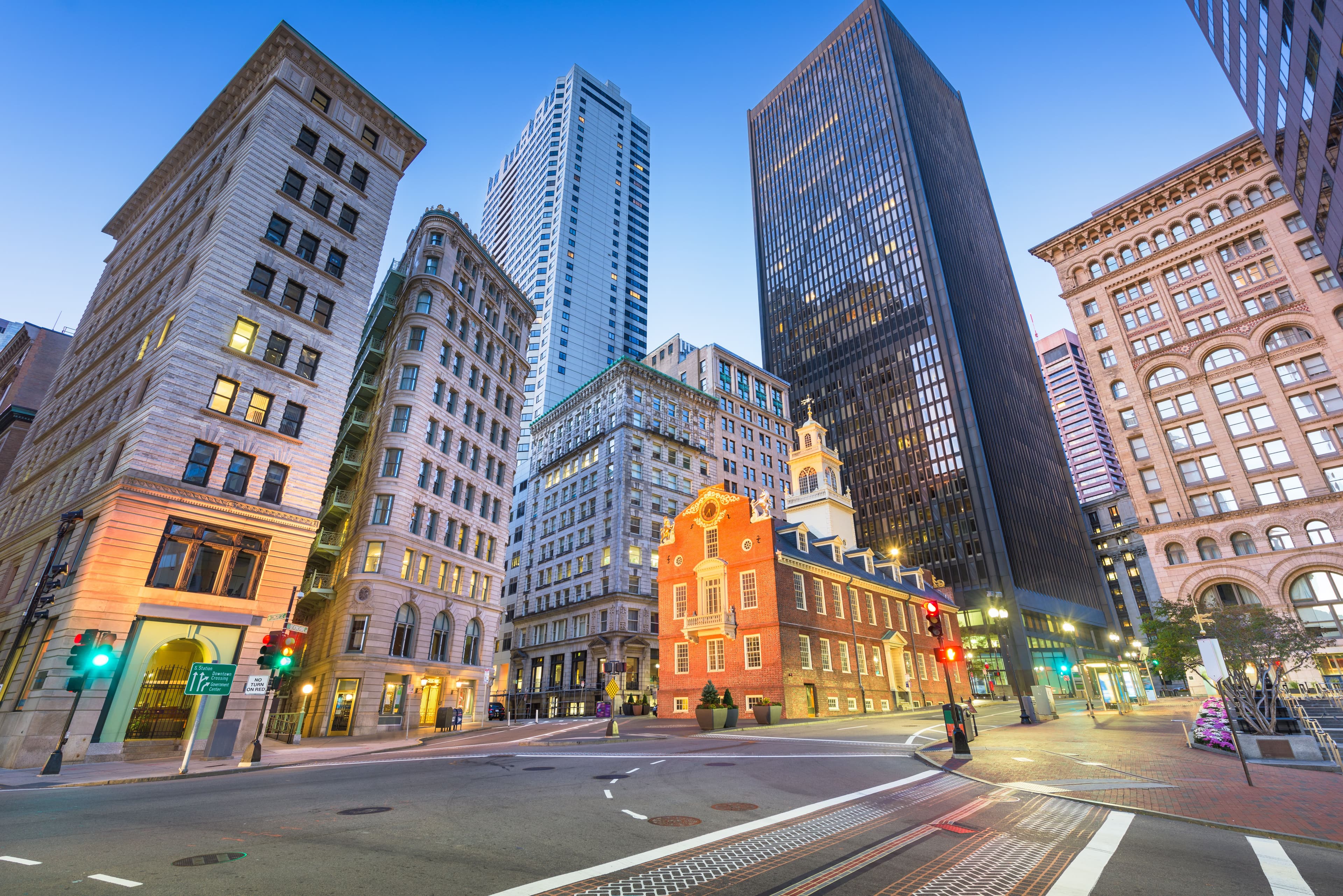 Boston, Massachusetts, USA Old State House and cityscape.