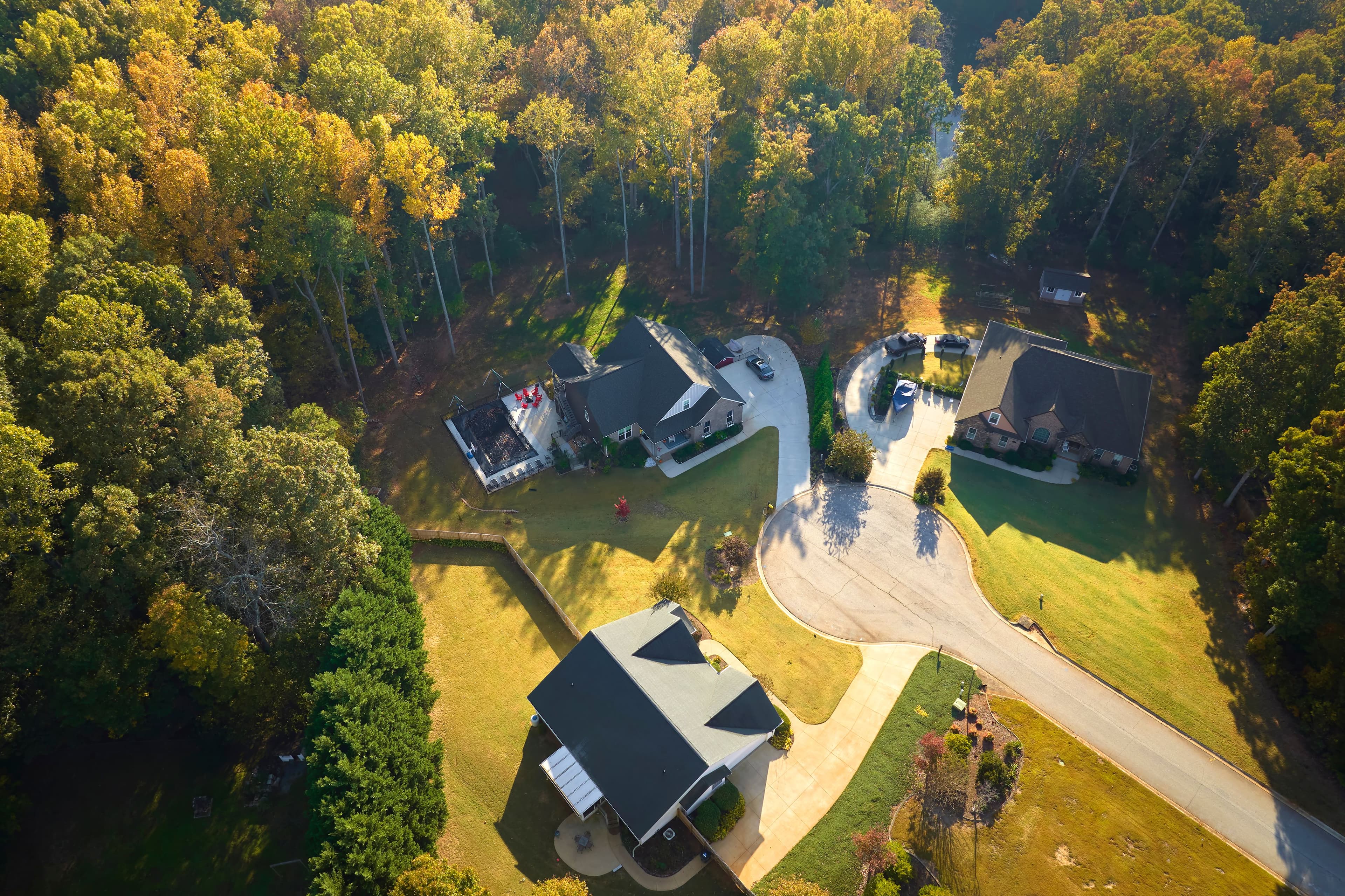 Aerial view of classical american homes in South Carolina residential area.