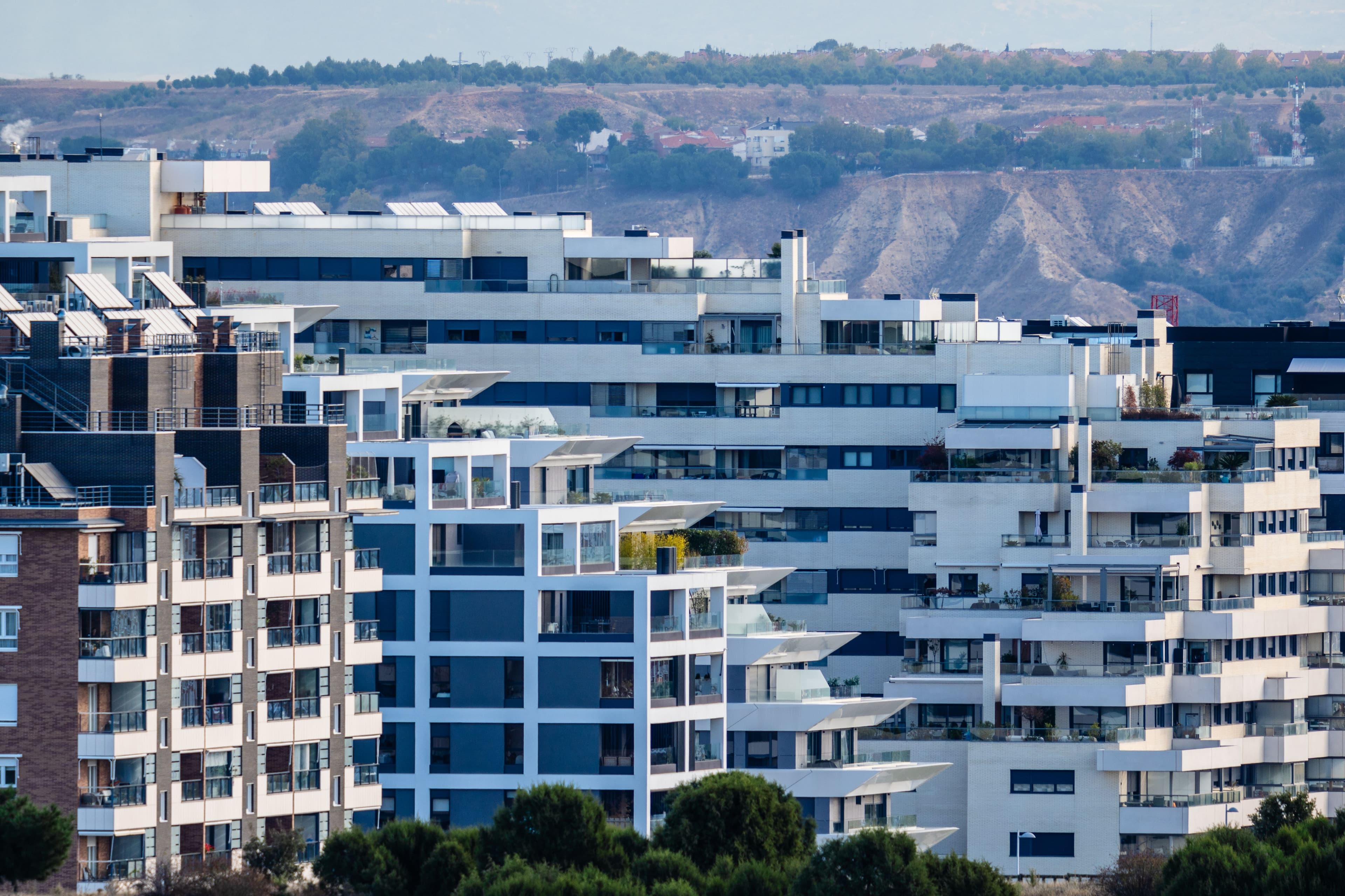 Cityscape of modern residential area with residential apartment buildings in Madrid